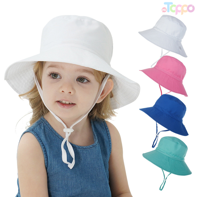 Plain Printed Girl Summer Cotton Baby With Strap Kid Bucket Hat For Boy For Girl