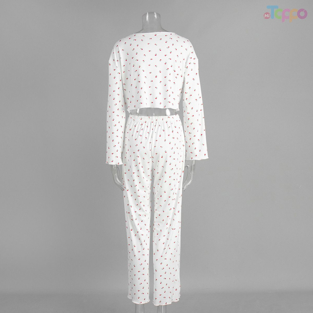 White Cherry Print Cropped Cardigan & Wide-Leg Loungewear Set