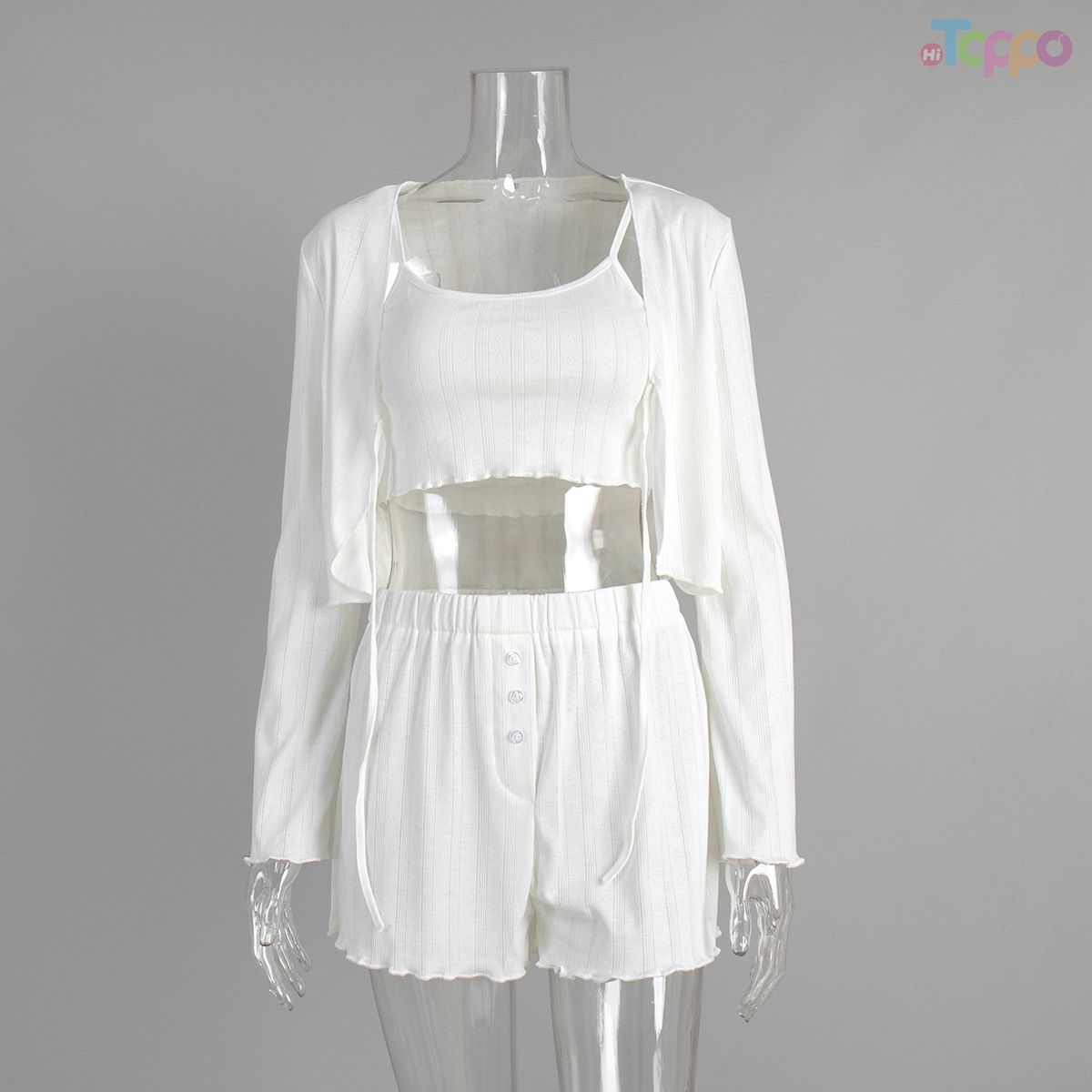 White Ribbed Crop Cardigan Cami Shorts Lounge Set