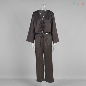 Brown Satin 2-Piece Cropped Tie-Front Lounge Set