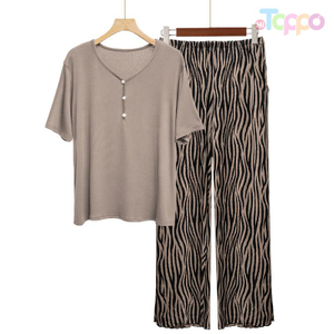 Women's V-Neck Button Short-Sleeve Top & Zebra Wide-Leg Pants Set