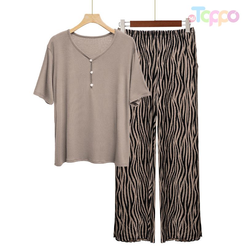 Women's V-Neck Button Short-Sleeve Top & Zebra Wide-Leg Pants Set