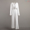Chic White Long-Sleeve Tie-Front Cut-Out Wide-Leg Two-Piece Set