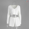 White Ribbed V-Neck Cropped Cardigan Shorts Two-Piece Set