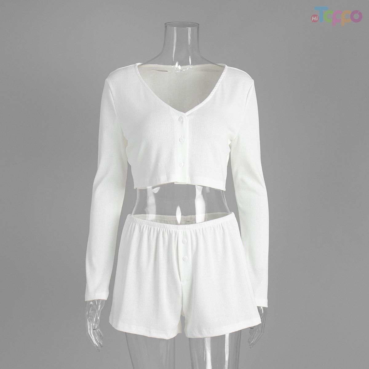 White Ribbed V-Neck Cropped Cardigan Shorts Two-Piece Set