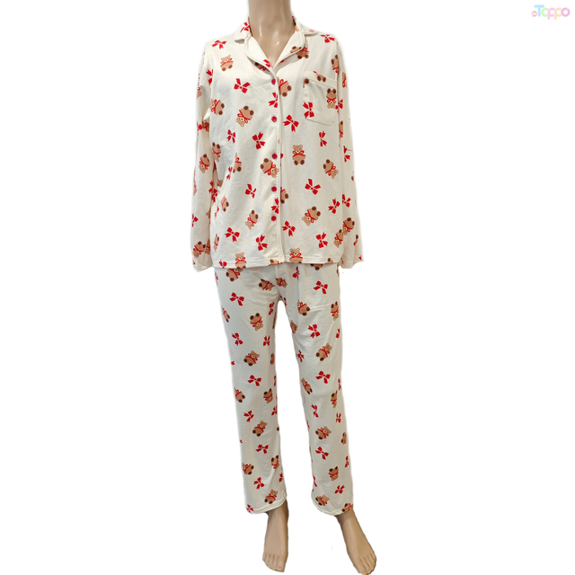 Cute Light Pink Teddy Bear Bow Print Long-Sleeve Pajama Set