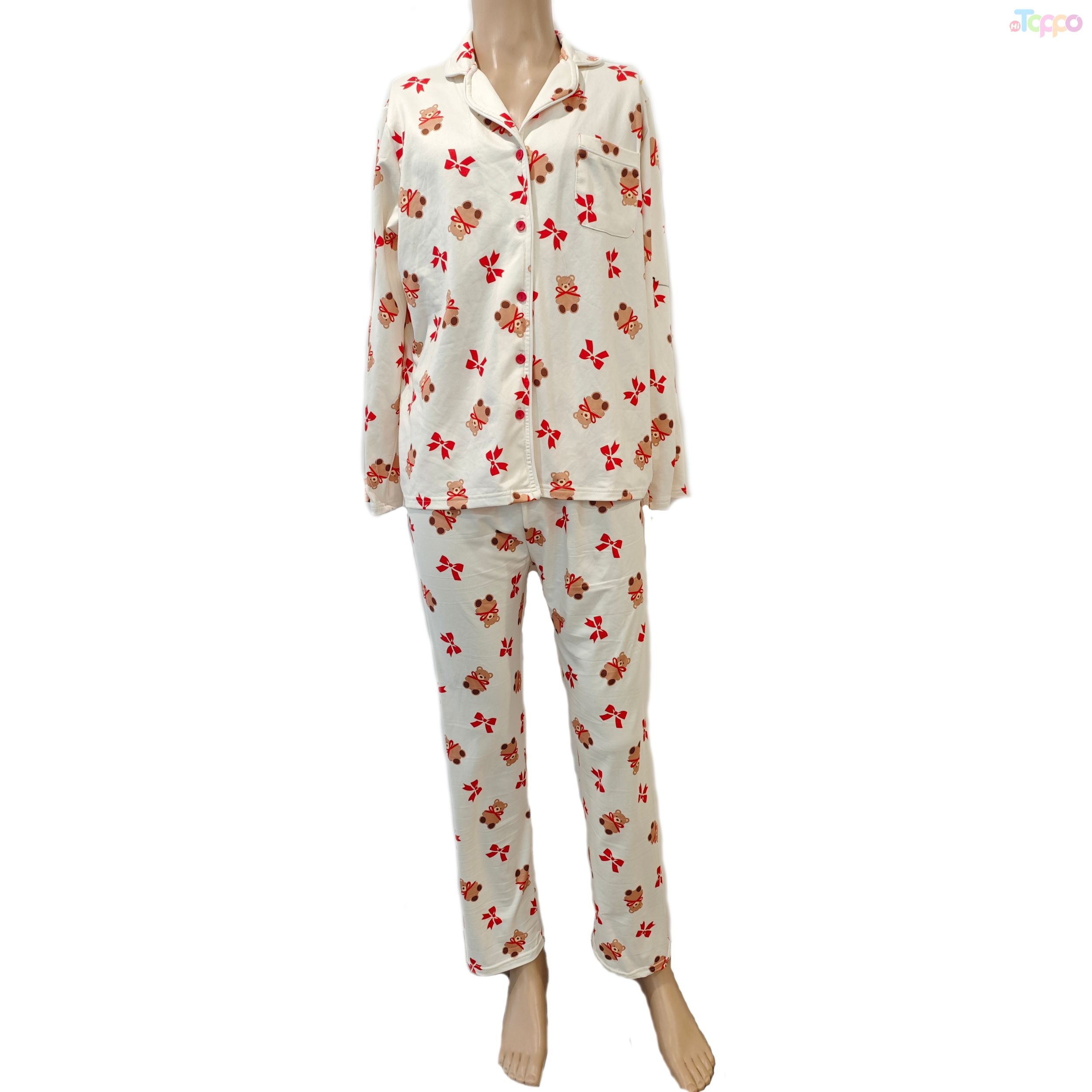 Cute Light Pink Teddy Bear Bow Print Long-Sleeve Pajama Set