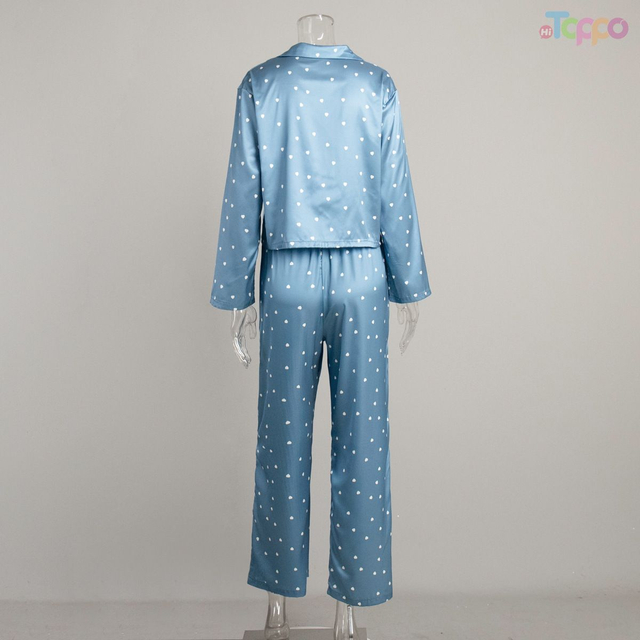 Dusty Blue Heart Print Cropped Satin Loungewear Set