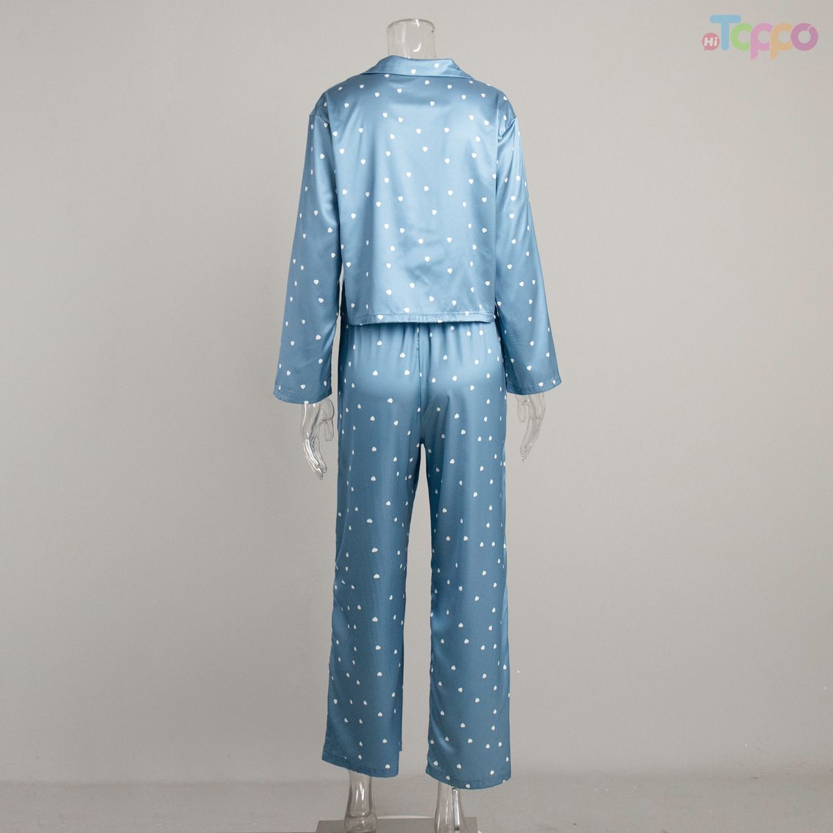 Dusty Blue Heart Print Cropped Satin Loungewear Set