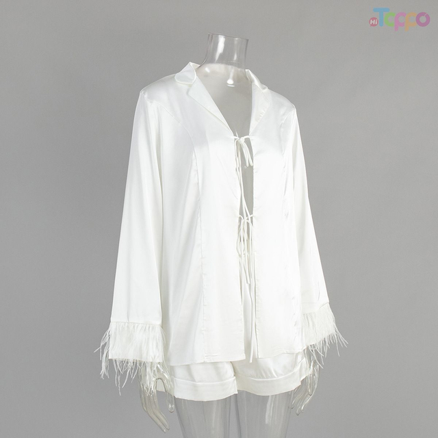 White Tie-Front Satin Pajama Set with Feathers