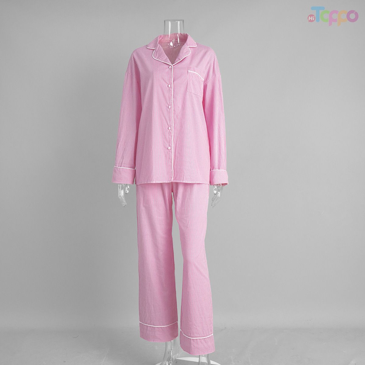 Light Blue Striped Long-Sleeve Pajama Set with Contrast Trim