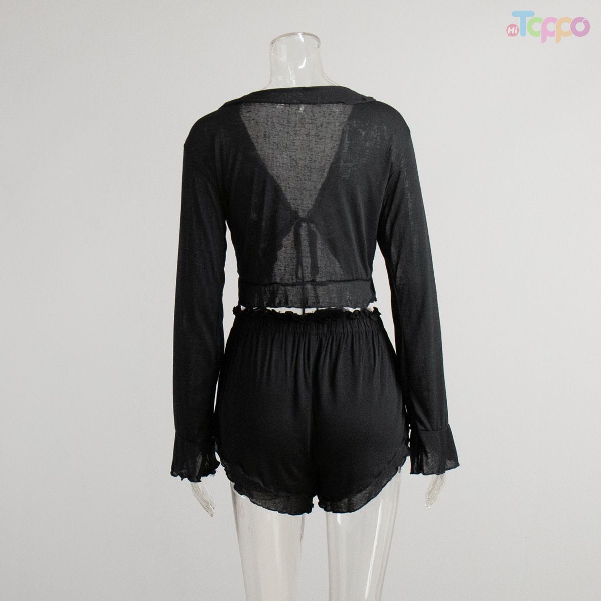 Women's White Long-Sleeve Tie-Front Cutout Shorts Lounge Set