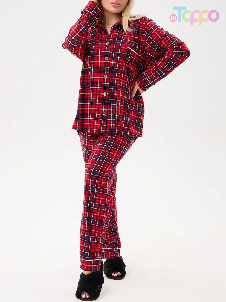 Women's Red Plaid Long-Sleeve Collared Pocket Pajama Set