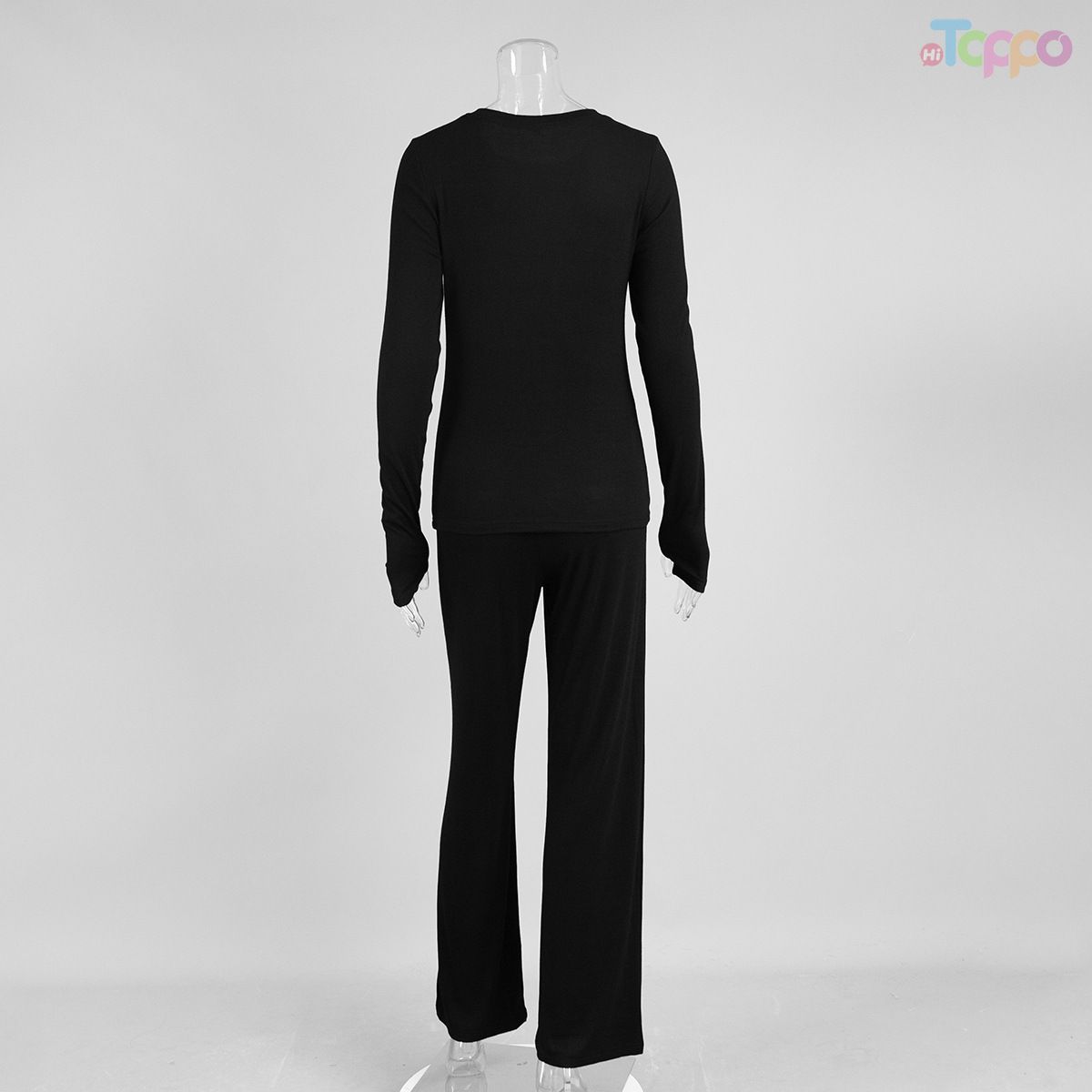 Women's Black Long Sleeve Fitted Top & Wide-Leg Pants Lounge Set