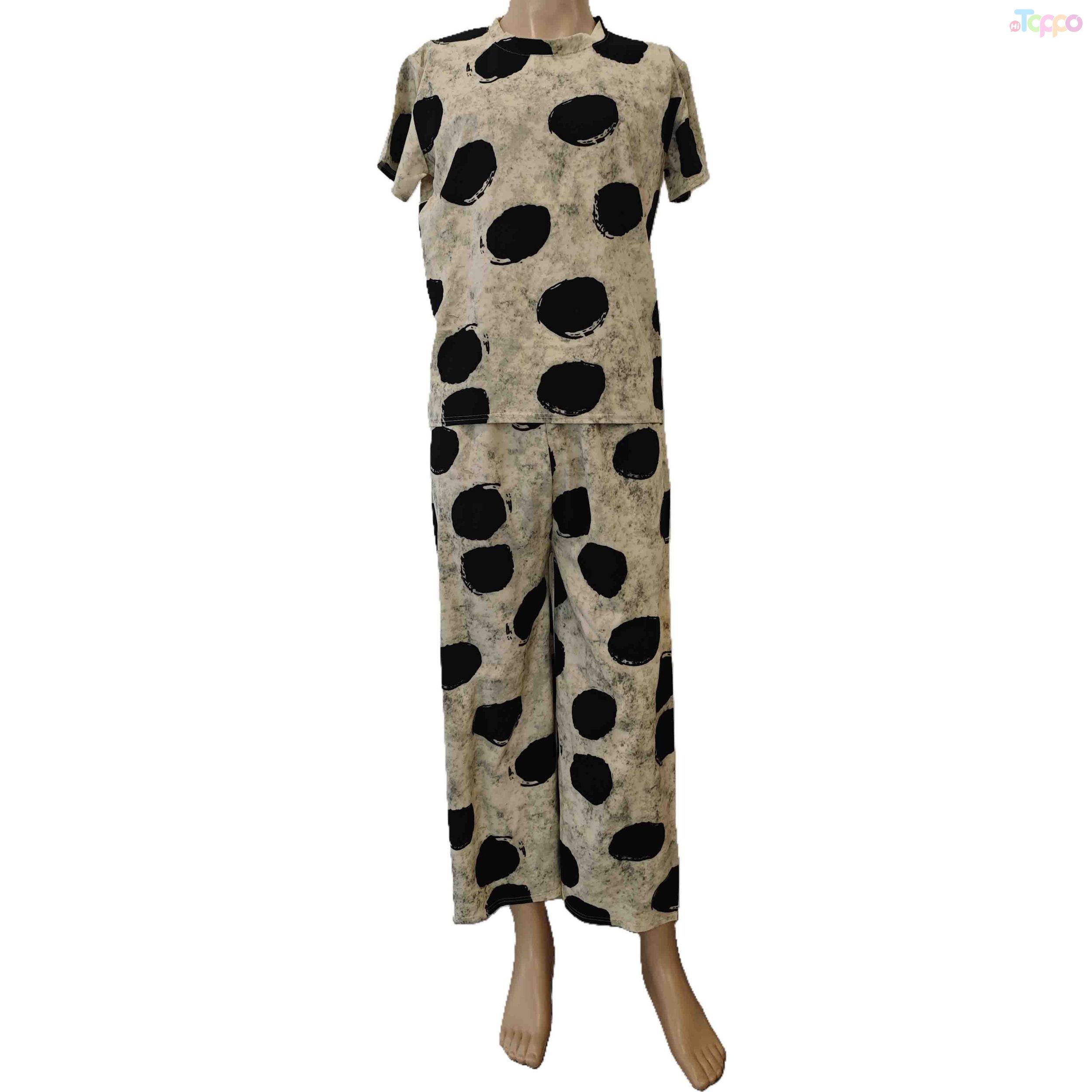 Beige Black Irregular Polka Dot Short-Sleeve Loungewear Set