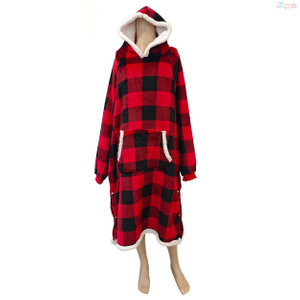 Women's Red & Black Plaid Hooded Long Robe with Faux Fur Trim