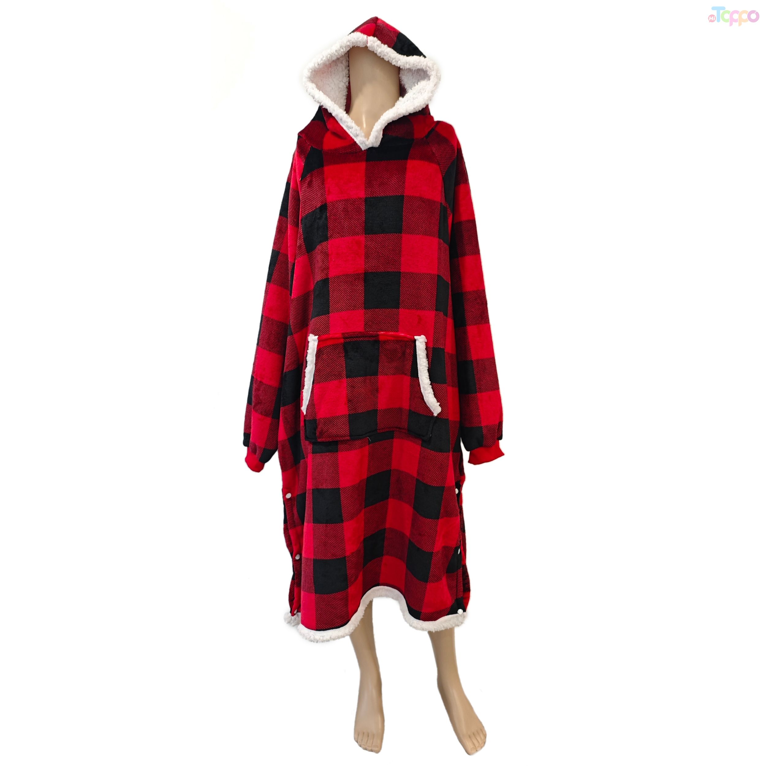 Women's Red & Black Plaid Hooded Long Robe with Faux Fur Trim