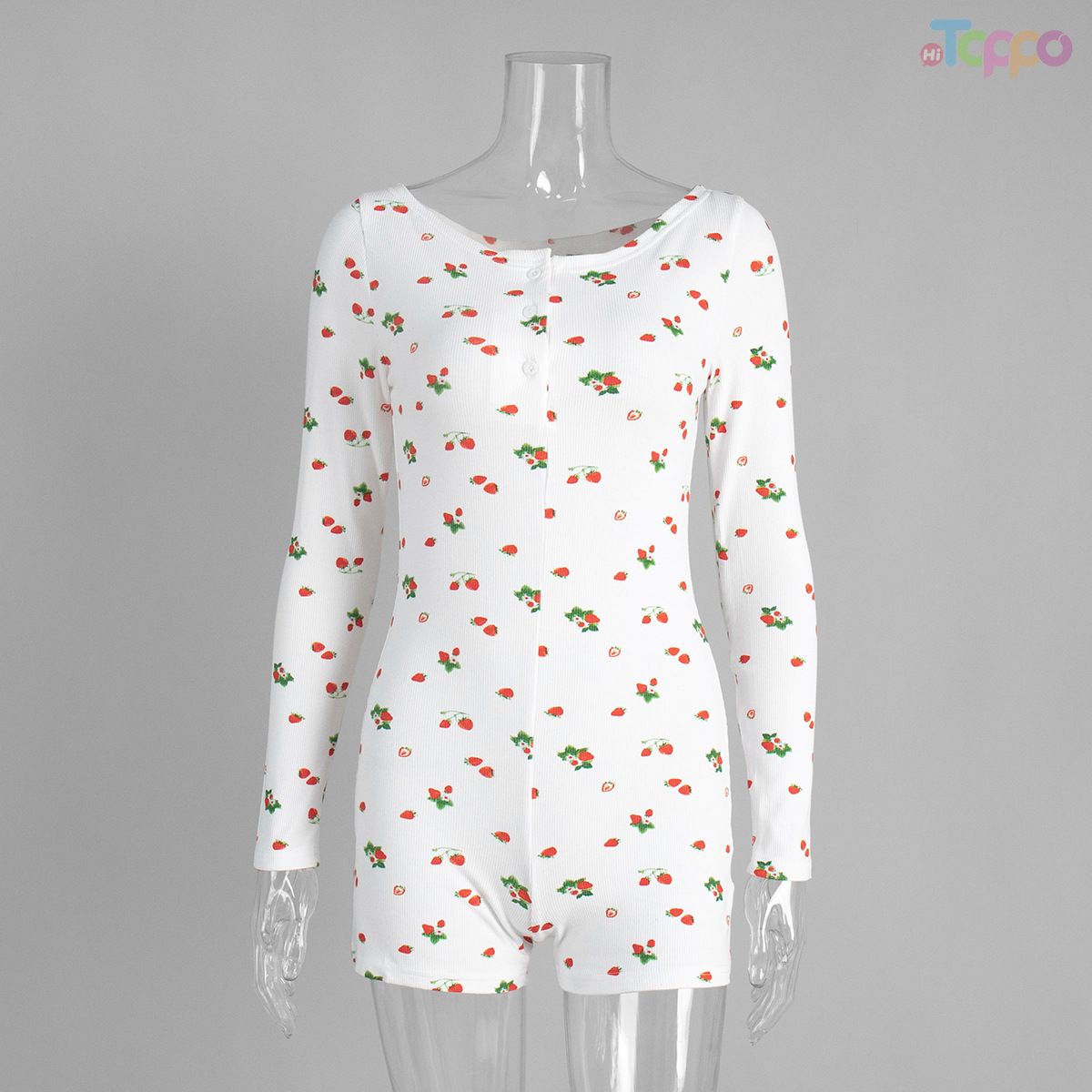 Cozy White Lemon Print Ribbed Long-Sleeve Women Romper