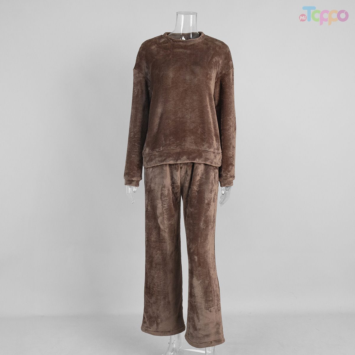 Rich Brown Plush Fleece Crewneck Long-Sleeve Loungewear Set