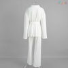 Beige Ribbed Wrap-Front Self-Tie Belt Loungewear Set