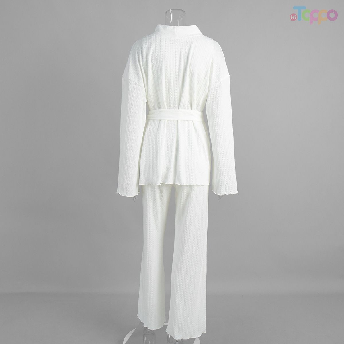Beige Ribbed Wrap-Front Self-Tie Belt Loungewear Set