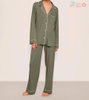 Olive Green Contrast Trim Collared Pajama Set