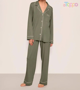 Olive Green Contrast Trim Collared Pajama Set