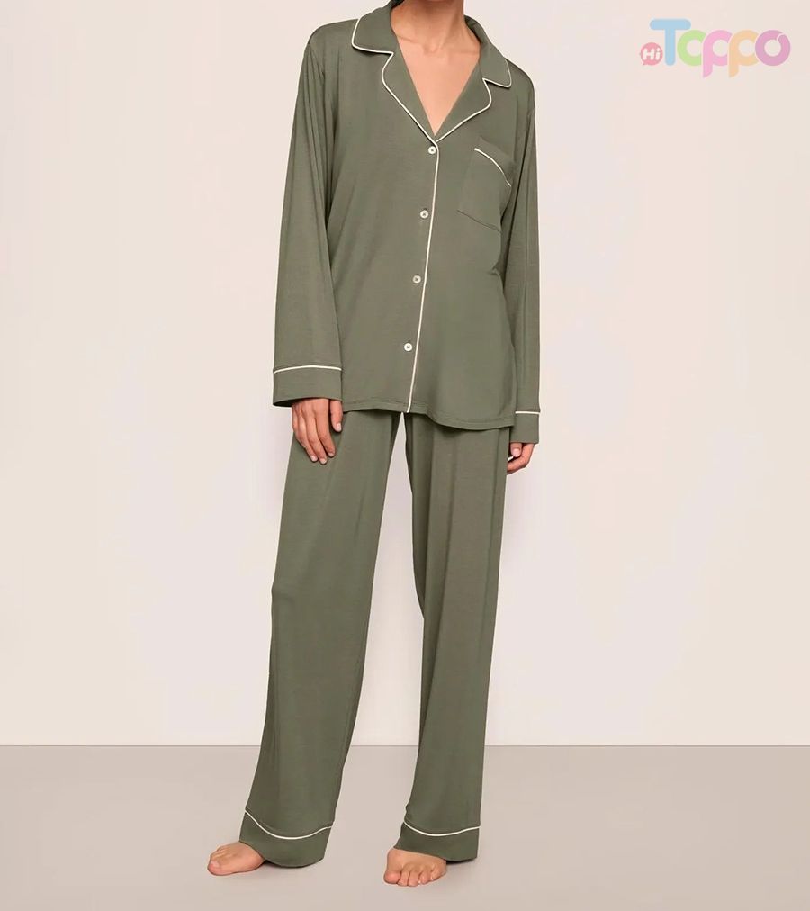 Olive Green Contrast Trim Collared Pajama Set