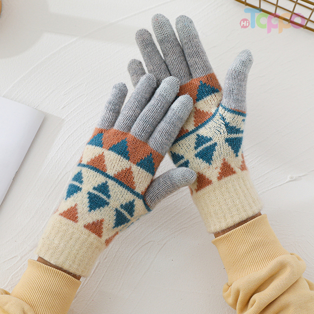 Knitted plaid gloves plus fleece thickened cycling five-finger touch screensaver warm gloves