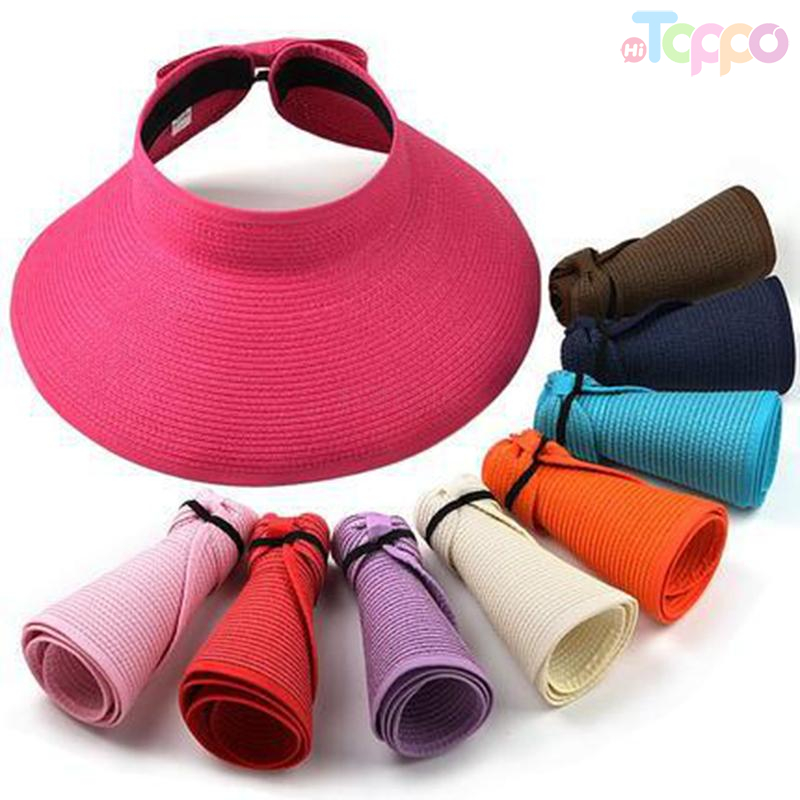  Women Large Floppy Visor Hat Fold Able Straw Wide Brim Hat Summer Beach Bow Knot Lady Sunscreen Roll Up Straw Hats
