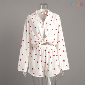 Cute White Red Heart Print Long-Sleeve Short Pajama Set