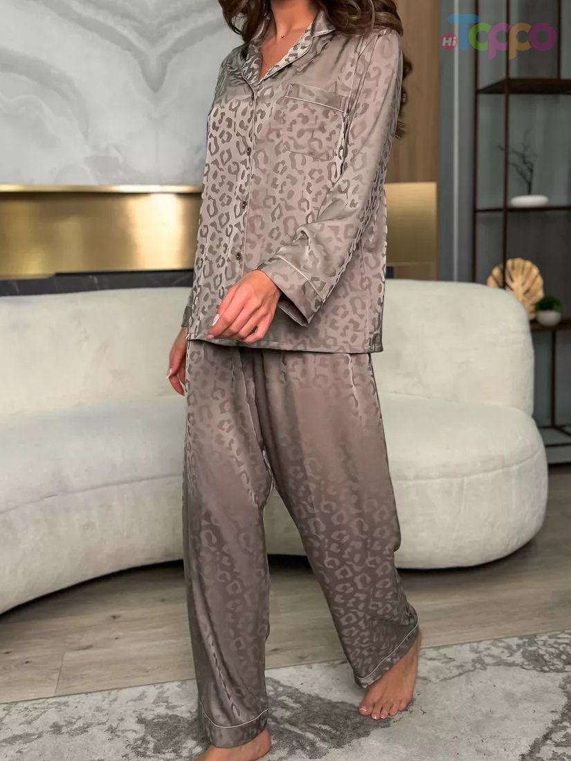 Satin Silver Leopard Print Collared Luxury Pajama Set