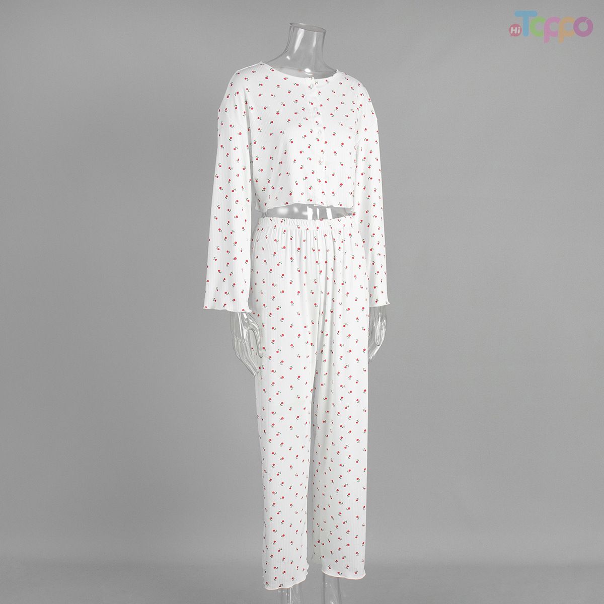 White Cherry Print Cropped Cardigan & Wide-Leg Loungewear Set