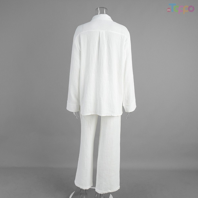 White Textured Oversized Shirt & Wide-Leg Loungewear Set
