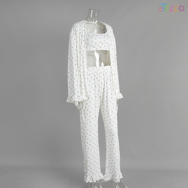 White Heart Print 3-Piece Cardigan & Wide-Leg Lounge Set