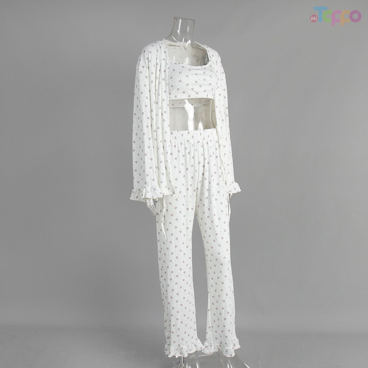 White Heart Print 3-Piece Cardigan & Wide-Leg Lounge Set