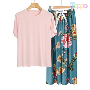 Women's Short-Sleeve Top & Navy Floral Wide-Leg Pants Pajama Set