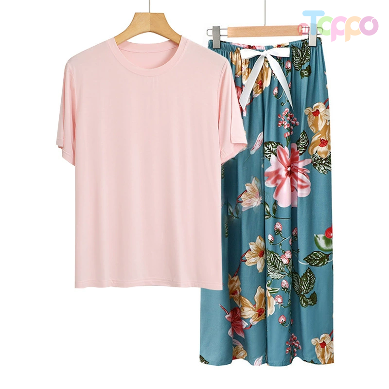 Women's Short-Sleeve Top & Navy Floral Wide-Leg Pants Pajama Set