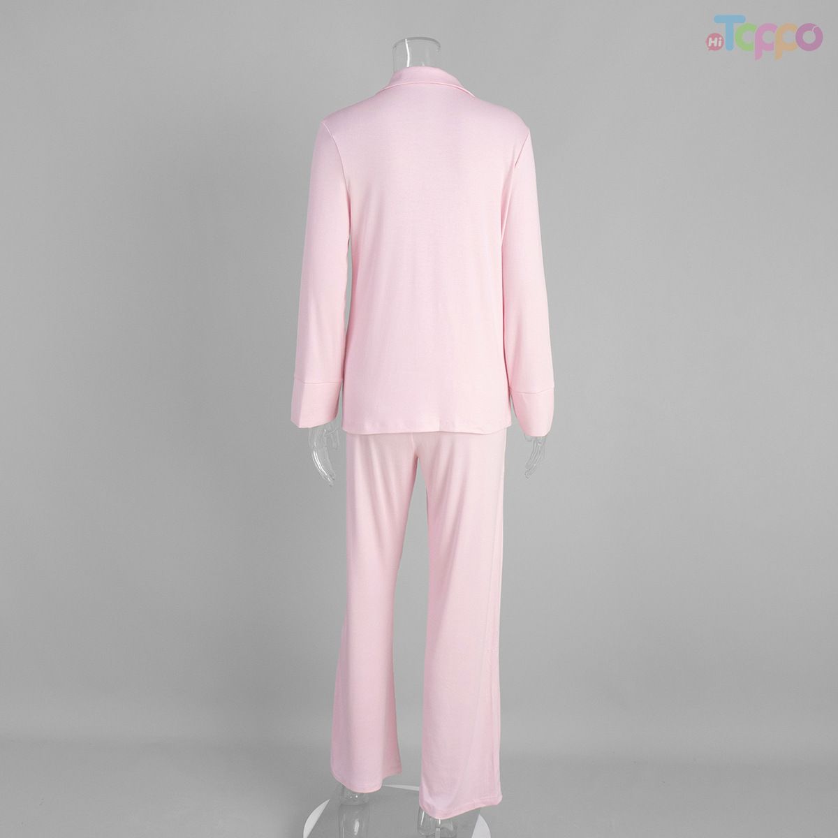 Soft Pink Lapel Collar Button-Front Cozy Pajama Set