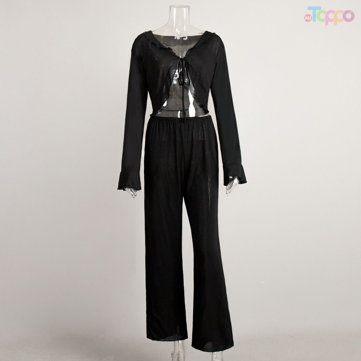 Chic White Long-Sleeve Tie-Front Cut-Out Wide-Leg Two-Piece Set