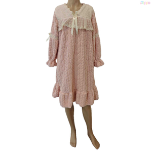 Pastel Pink Cozy Fluffy Long-Sleeve Nightgown with Lace & Bow