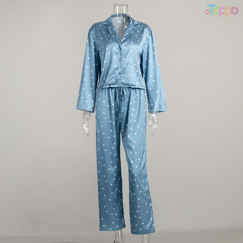 Dusty Blue Heart Print Cropped Satin Loungewear Set