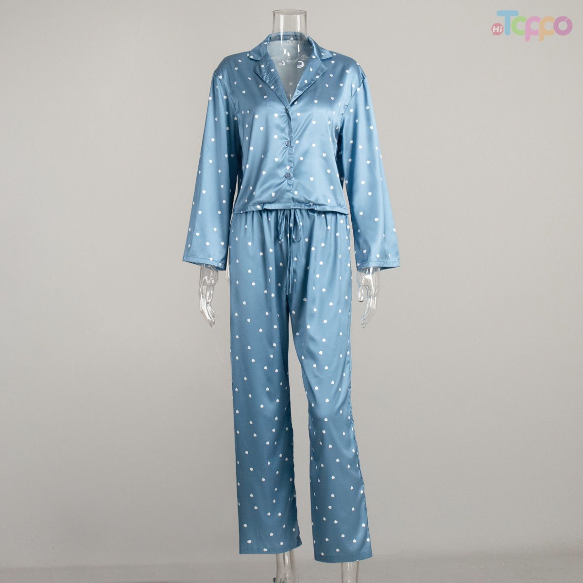 Dusty Blue Heart Print Cropped Satin Loungewear Set