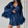 Navy Satin Feather Trim Loungewear Three-Piece Set