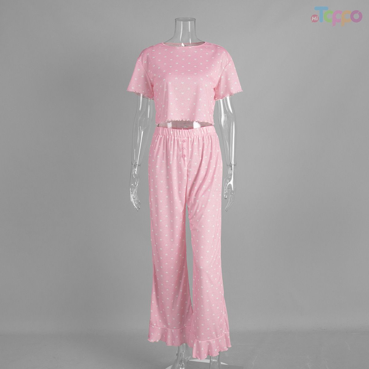 Pink Heart Print Crop Pajama Set with Ruffles