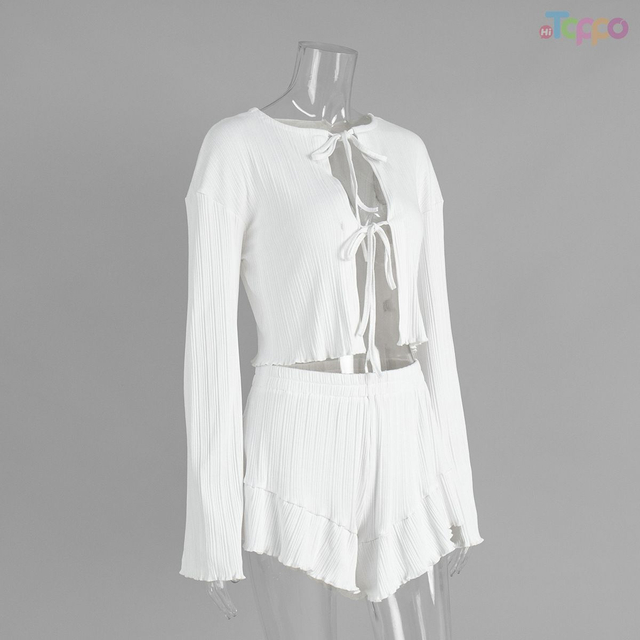 Sweet White Ribbed Tie-Front Crop Pajama Set