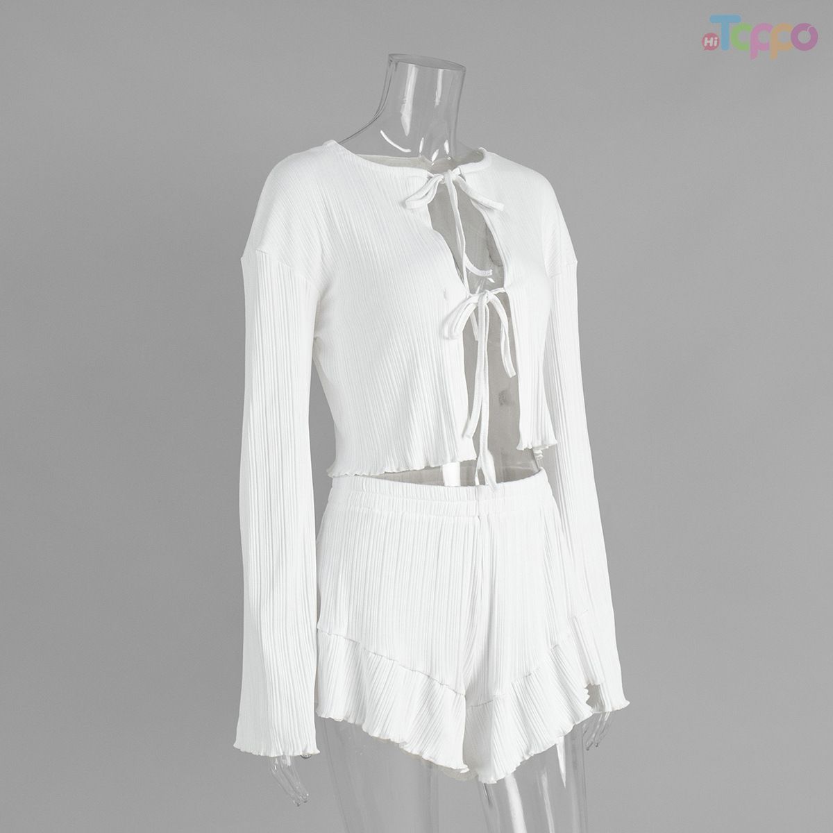 Sweet White Ribbed Tie-Front Crop Pajama Set