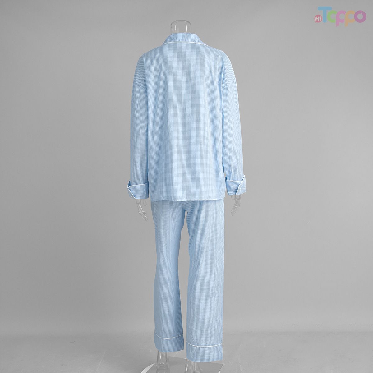 Light Blue Striped Long-Sleeve Pajama Set with Contrast Trim