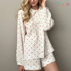 Women's White Red Rose Print Long-Sleeve Quilted Shorts Pajama Set