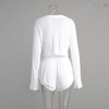 Women's White Long-Sleeve Tie-Front Cutout Shorts Lounge Set